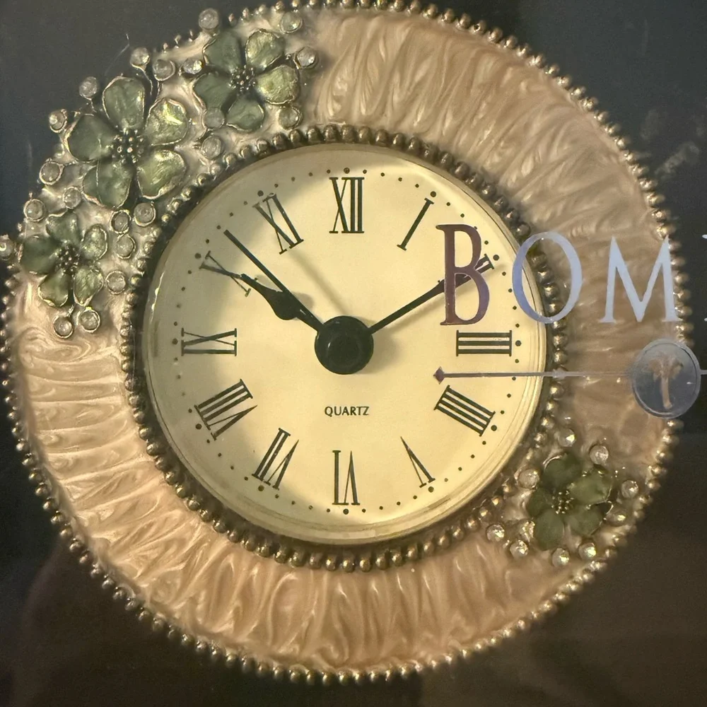 Bombay‎ Company Ornate Metal Enamel Beige & Green Photo & Clock Combo Frame U